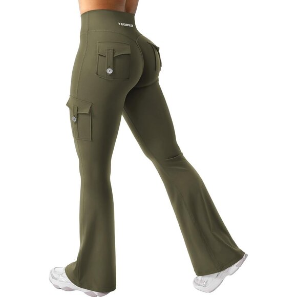Pants - Women's Army Green High Waisted Workout Flare Leggings 32 inch Seam with Pockets